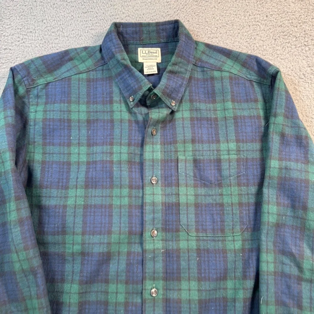 LL Bean Flannel Shirt Mens Large Traditional‎ Fit Green Navy Plaid Button Down